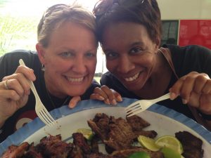 My friend, Karen and I enjoying our favorite restaurant in Honduras...Power Chicken! Amazing! 